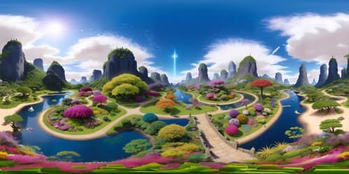 Masterpiece VR360 panorama, ultra-HD, floral opulence. Skyview, Japanese botanical garden, vivid VR360 botanical seascape. Foreground minimalist, grand, sprawling flora dominance. Realistic whimsy touch. High-color intensity, overwhelming VR360 allure.
