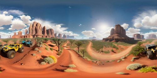 Vintage American offroad-themed office, wood-paneled walls, travel maps, rustic gear. Grand panoramic windows, endless desert vistas, towering mesas, sunset hues. VR360 perspective, ultra-high resolution, painstaking detail. Masterpiece-grade realism, premium Pixar style animation, the essence of adventure embedded in VR360 scene.