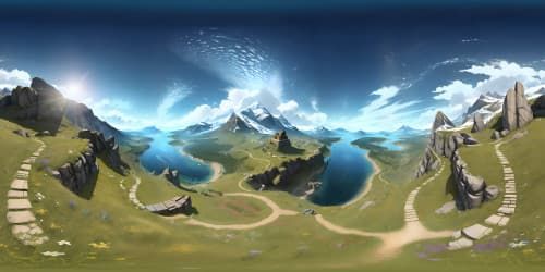Skyrim-inspired VR360 masterpiece, ultra high-res, majestic mountains, vast meadows, ancient ruins, glowing auroras, drifting clouds, vibrant sunsets, enchanting night skies, fantasy-art style.
