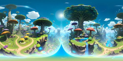 Surreal art style, oversized joyous hippo-shaped landforms, colossal, giggle-inducing mushroom meadows. VR360 view of vibrant, iridescent weed plants scaling the sky, Pixar-style anthropomorphic entities. High-resolution textures, riotous splashes of color, bold lines, VR360 environment imbued with playful charm and whimsy.