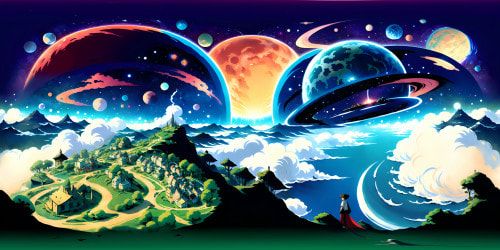 VR360 view of a cosmic galaxy, Milky Way swirls in vibrant hues, nebulae clusters, extra-dimensional planets, stardust trails. Art Nouveau style, intricate line work, vibrant colors, detailed textures, emphasis on natural elements. Stellar, awe-inspiring VR360 experience.