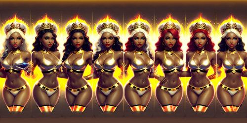VR360 scene: Three elegant, golden-winged angels, white leotards trimmed in gold, two showcasing African American features, dreadlocks on one. Green flame-ensconced sword in one's hold. Ultra-high-res rendering, desired as a VR360 masterpiece. Five princesses, age 40, white fur coats, gold hoop earrings, red lip gloss accent. Two blondes, two with fiery red hair, blue-eyed one,