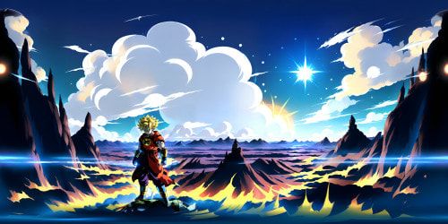 VR360 scene: famed Dragon Ball Z Goku Super Saiyan, towering, dynamic aura, energy spirals, golden hair, intense blue skies, painterly style, manga inspiration. VR360 emphasis on epic scale, explosive colors, expert digital painting.