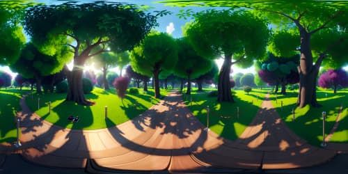 Masterpiece quality, ultra-high resolution, lush forest canopy, VR360 twinkling sunlight piercing emerald leaves, tapestry of verdant hues, moss-laden tree trunks, surreal art style.