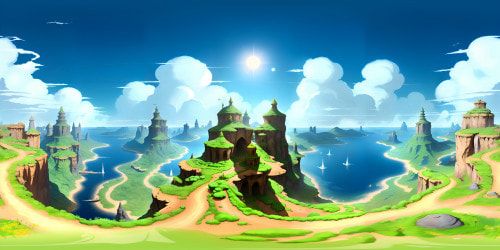 Isekai anime-inspired landscape, colossal towers piercing clouds, intricate magic circles hovering above. Lush, otherworldly flora, ethereal floating islands. VR360 view, detailed brushwork, High-res. Soft pastel anime color palette, subtle gradients. VR360 Isekai masterpiece.