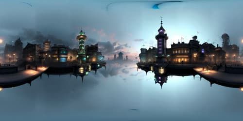 Masterpiece-quality VR360 scene, BioShock Infinite-inspired, ultra-high resolution. Key elements: Steampunk metropolis, floating cityscapes, lighthouse beacon. Style: Surreal art, intricate architectural detailing, vibrant color contrasts. Emphasize expansiveness, verticality, atmospheric perspective.