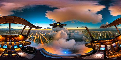 Flying high above a cyberpunk metropolis, the A320 cockpit gleams with flawless detail, neon lights reflecting off its sleek surfaces, surrounded by a futuristic skyline of swirling skyscrapers, bustling hover cars, and holographic billboards, all flawlessly captured in ultra-high resolution, a true masterpiece of digital artistry.