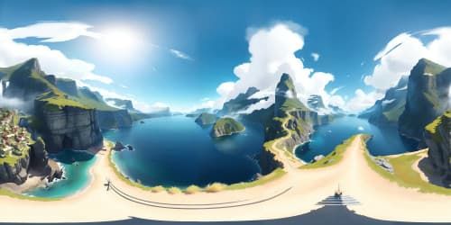 Ultra high-resolution fjords, grandeur of towering cliffs, serene water bodies, VR360 masterpiece. Vivid color contrasts, defining textures, shadow play in crevices. Realism-inspired style, pixel-perfect execution, VR360 zenith of digital artistry.