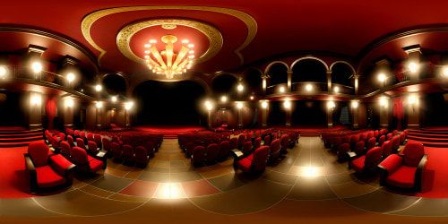 Stage spotlight, grand auditorium, VR360 perspective from performer's viewpoint. Glittering chandeliers, plush red velvet seats, intricately carved balconies. Detailed digital painting style, ultra high-resolution VR360 panorama. Illuminated stage, soft shadows, rich colors.