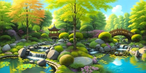 breathtakingly beautiful japanese garden, water features, stones, moss, sloths