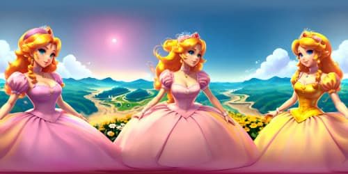 SUPERMARIO CHARACTERS: 2 PRINCESSES. princess peach blond har and pink dress. princess daisy brown hair and yellow dress.