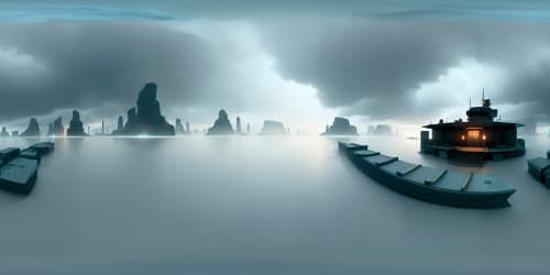 Chinese ink masterpiece, ultra-high res VR360, misty clouds permeating. Solitary boat, drifting in cold tranquil river, best quality traditional scenery, classical touch. Vibrant VR360 play of light, shade, and form.