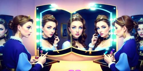  trio of 40 year old princesses_looking at mirror_at makeup table_putting on makeup_wearing white fur coats_wearing black garments_wearing gold hoop earrings_wearing shimmering pink lip gloss_one has blue eyes_two of them have brown hair_they are squatting_close up of armpit_wearing tiara