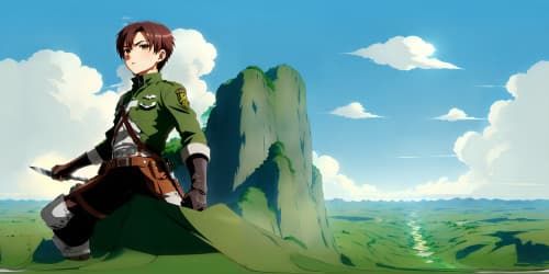 Attack on Titan, soldiers on rooftops, Detailed vertical maneuvering gear, Dark green cloaks, Survey Corps emblem on the back. Both hands grasping long knives.