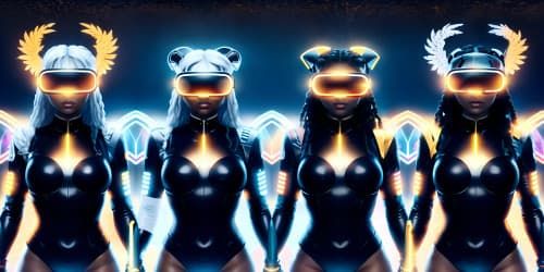 three female angels wearing white leotards with gold trim_they have golden wings_the women have gold halos over their heads_one woman has dreadlocks_two of the women area african american_