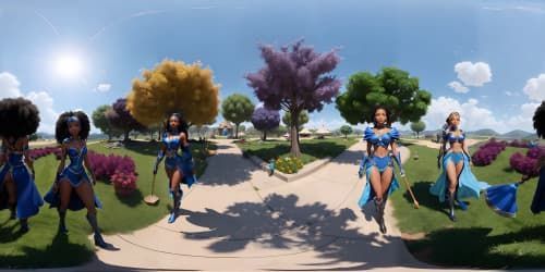 three black female sorceresses carrying blue staffs bursting with energy. one woman has dreadlocks.one is wearing thigh high boots