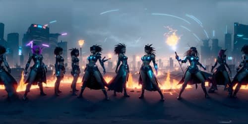 three black female sorceresses carrying blue staffs bursting with energy. one woman has dreadlocks.one is wearing thigh high boots.one has a flaming sword.