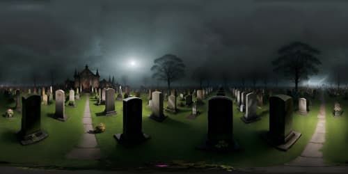 Masterpiece quality, ultra-high resolution. Nightmarish VR360 panorama, grave markers aged and decrepit. Dimly lit mausoleums, dense, ghostly fog veiling VR360 horizon. Dark, eerie graveyard, obscure and chilling. Night backdrop, translucent mist crawling over the scene, suffusing ground in foreboding obscurity.
