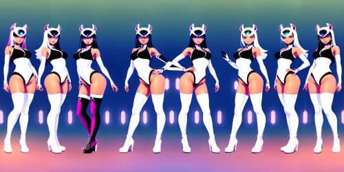 four women wearing white leotards with thigh high boots. they are evil sorceresses'. they are african american women