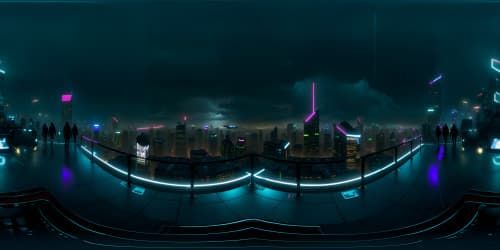 Masterpiece level, ultra high-resolution night cityscape, glistening rain-soaked streets, skyscrapers' silhouette against star-flecked sky, neon lights reflecting on wet surfaces, VR360 panoramic view, surreal art style.