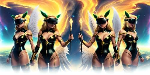Triumvirate of angels, white leotards, gold trim, golden wings. Gold halo presence. Distinctive dreadlocks on one, diversity in ethnicity. In-flight posture, one brandishing glowing green sword. VR360 masterpiece, ultra-high-resolution, Pandora's flying mountain style.