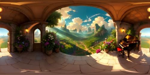 VR360 grandeur, masterpiece quality, ultra-high resolution. A radiant, polished piano central, vibrant chromatic notes floating in ether. VR360 visual symphony, vivid hues, ethereal musical atmosphere.