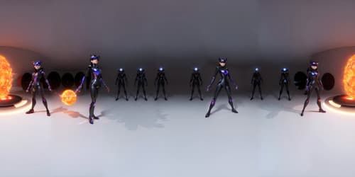 five black women wearing  thigh high boots. they are supereroes with red energy pulsating from their hands.