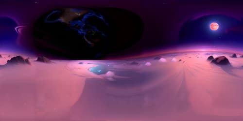 a big red moon in the skys  benith it a planet with mountens blue on the to color skys and a lot of blue little stars