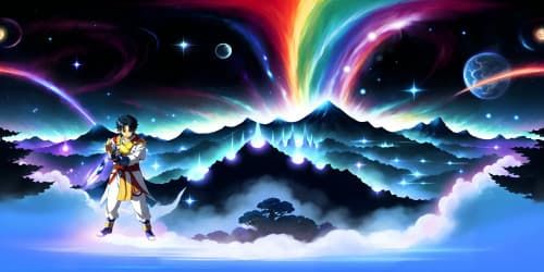 Masterpiece-level application of ultra high-res elements, VR360 view of an anime-style celestial stage. SanGohan khamehameha wave, father-son duo, ethereal aura. VR360 scenic focus on sparkling stellar backdrop, cosmic nebula, radiant celestial bodies. Primary color palette: cyan, white and blue for energy aura. Style: detailed anime.