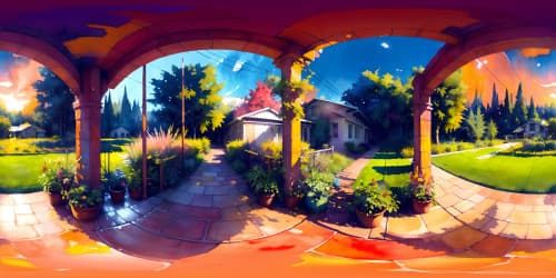 VR360 ultra-high-res, breathtaking pole extending towards a golden sunset sky, radiant and majestic. Shimmering latex-like texture on flora, VR360 capturing scene's masterpiece quality.