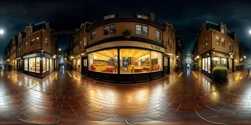 VR360 noir cityscape, glossy wet streets, city square in heavy downpour, rain-soaked buildings. Masterpiece-quality, ultra-high resolution. Profound urban melancholy, rainfall from expansive night sky. Digital painting style, best quality, VR360 nighttime city.