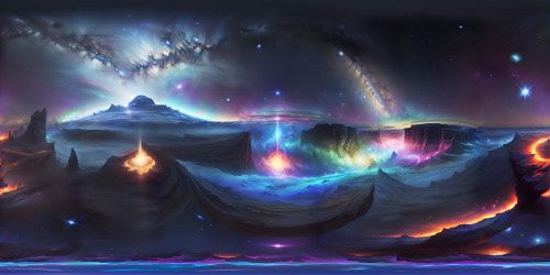 Ultra high res VR360 view, interstellar journey, masterpiece of cosmic grandeur, undulating nebula, twinkling star clusters, glistening cosmic dust, Milky Way backdrop. Style: Hyperrealism, impeccable detail, prismatic color play, glossy, radiant celestial elements.