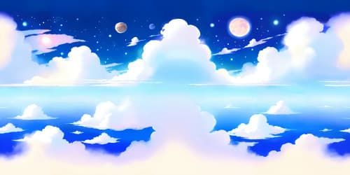 Masterpiece quality, Bleach anime aesthetics, Ultra high-resolution visuals, VR360 expansive sky, Vibrant color palette, Intricate cloud patterns, Soaring hollows, Detailed celestial bodies, Spirit realm expanses, VR360 immersive environment