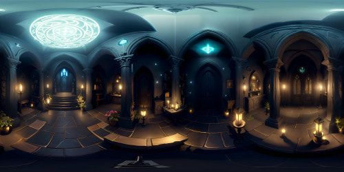 Masterpiece-quality dark dungeon, ultra high-resolution stonework, faint torchlight glittering off damp walls. Intricate gothic arches, towering in the VR360 space. Shrouded shadowy corners, immersive gloom. A Pixar-style VR360 dungeon realm, teetering between whimsical and menacing.