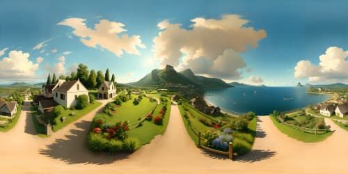 VR360 ultra-high resolution, hillside panorama, tropical beach paradise. Unobstructed VR360 view, clear blue sea, sun kissing the horizon, sky adorned with pastel hues. Style: Masterpiece, best quality