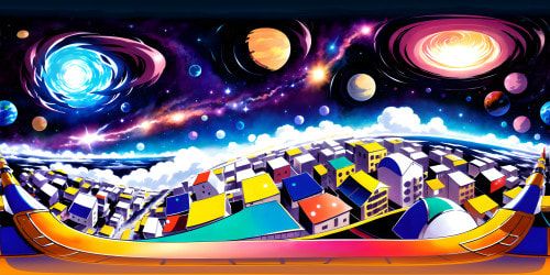 Ultra-high resolution VR360, anime style, digital art, hyperrealistic masterpiece. Expansive cosmic horizon, intricate galaxies, vibrant nebulae. Sun-drenched star clusters, shimmering starlight. High contrast, bold color palette, immersive VR360. Ethereal, fantastical, breathtaking quality.