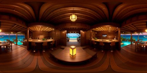 Ultra-high resolution VR360, masterpiece quality, dimly-lit tiki bar environment. Minimal foreground: bamboo stools, thatched-roof, Polynesian carvings. Extensive panoramic view: glowing lanterns, starlit sky, VR360 beach sunset. Tropical palette, impressionistic style.