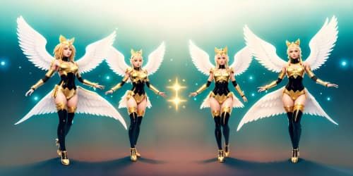 three female angels wearing white leotards with gold trim_they have golden wings_the women have gold halos over their heads_one woman has dreadlocks_