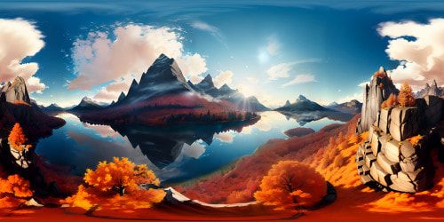 VR360 fantasy-style, masterpiece quality, ultra-high-resolution. Hidden lake, enchanted mountain landscape, radiant sunset, bleeding pastel clouds. Floating wyverns, iridescent sky backdrop, VR360 panoramic view. Ethereal mountain peaks, tranquil lake, majestic wyverns. Surreal pastel hues, fantasy art. Iridescent elements, tranquil, ethereal VR360 atmosphere. Mountain silhouette contrast, wyvern silhouettes, breathtaking sunset hues.