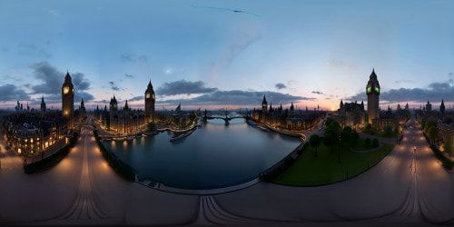 Masterpiece artwork style, VR360 rendering, London skyline 1920s, ultra-high resolution, Art Deco architecture, vintage elegance. Cable cars, cobblestone streets, antique lampposts, VR360 panorama, striking contrast of dusk against cityscape.