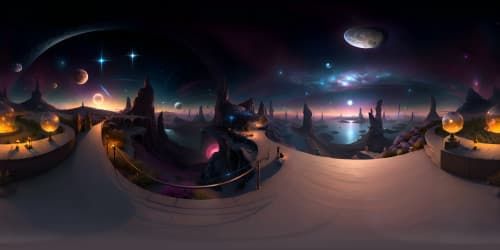 Masterpiece, ultra high-res VR360 scene, deep black environment with rich texture details, contrasts of sparkling starfield in background. Minimalistic yet elegant noir style, mesmerizing void elements, VR360 view.