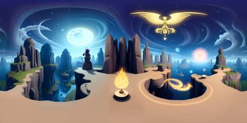 three black female angels with wings flying into battle. one has a flaming sword. one is carrying a staff with blue energy. they are african american women. one has dreadlocks.one has red hair.one woman has a cape.