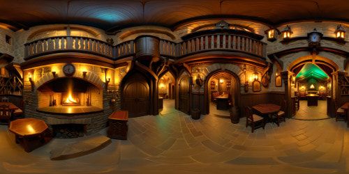 Immersive tavern nestled within the fantastical world of Dungeons and Dragons, intricate wood carvings, flickering torch sconces, ornate tapestries, gleaming tankards, expansive roaring fireplace, enchanting mystical ambiance, cinematic 8K resolution.