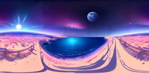 infinite deep blue sea at night with sunsetting in the horizon with clear sky and shooting stars viewed from the sky
