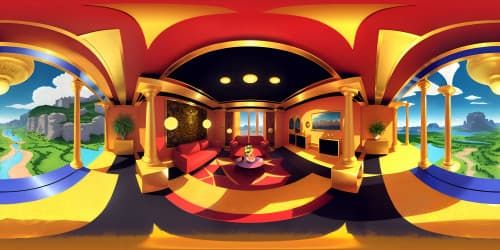Opulent apartment VR360 panorama, baroque gold picture frames on pastel walls, abstract paintings. High gloss marble floor reflecting grand chandelier. High-end, ultra-high-res digital art style. Stylish yet classic VR360 view.