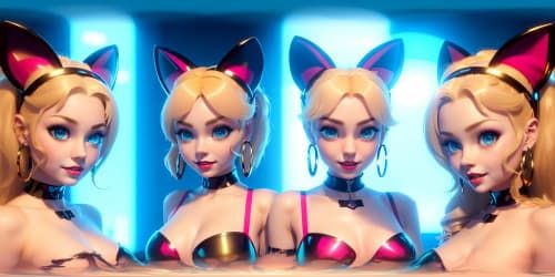 best quality, masterpiece, ultra high res,five 40 year old princesses_wearing pink leotards_wearing gold hoop earrings_wearing red lip gloss_one has blue eyes_two of them are blonde_they are squatting_spread_arms above their heads_close up of armpit_ cat ears and girl smiling 