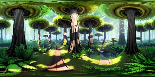VR360 view: lush green forest, towering tree trunks, dangling moss, glowing mushrooms. Masterpiece-worthy, ultra high res textures. VR360 style: vibrant hues, Pixar-like detail, Gorilla Tag VR forest map, illuminated tutorial pathways.