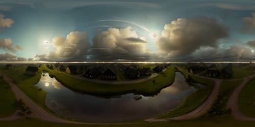 Ultra high-resolution VR360, masterpiece of Silent Hill inspired ambiance, misty landscapes, thick fog, decaying structures, ominous sky overrun by dark clouds. Style: photo-realistic with a touch of horror, eerie glow from the moon. 