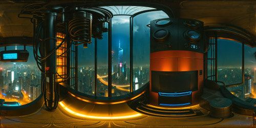 A flawless, ultra-high-resolution cyberpunk apartment filled with neon lights, featuring a panoramic view of a sprawling dystopian mega city through a massive window, reflecting endless glowing skyscrapers, holographic billboards, and steel jungles against a backdrop of hazy neon skies.