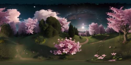 ultra-high resolution, masterpiece quality, cherry blossom valley panorama, cloud-filled night sky, VR360 view encompassing ethereal pink petals, luminescent moon peeking, contrasting azure-black sky canvas, digital painting style, VR360 immersion